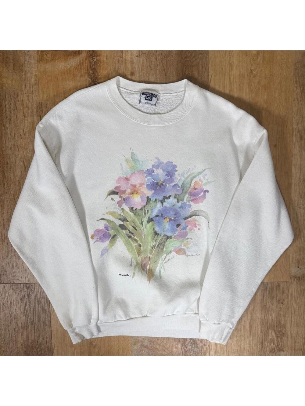 90s Vintage Lee Yosemite Wildflowers White Floral Crewneck Sweatshirt – Size L